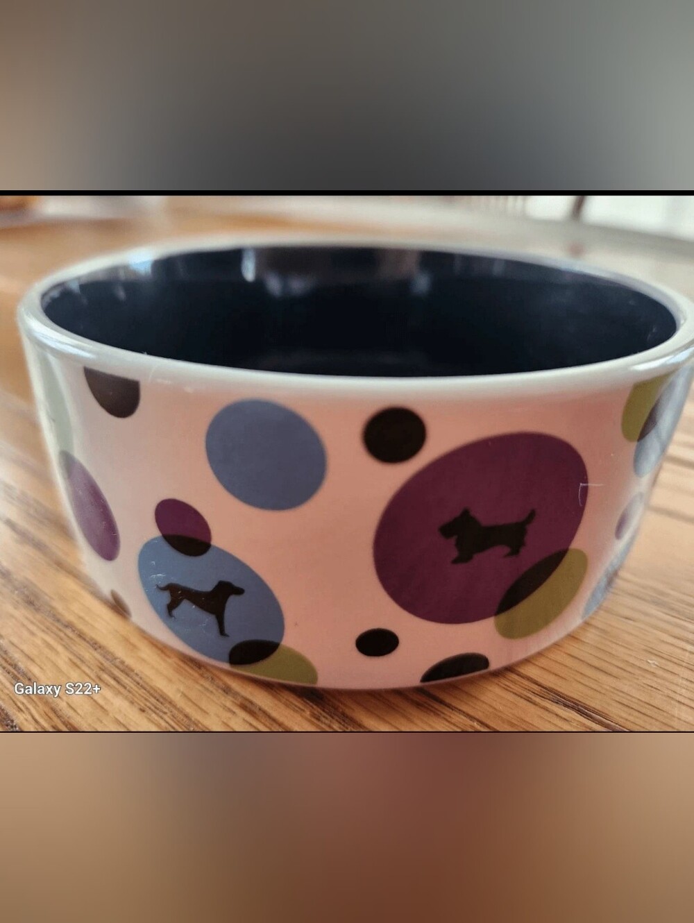 Dog Silhouette Ceramic Pet Bowl in White with Purple & Blue Dots - Vintage